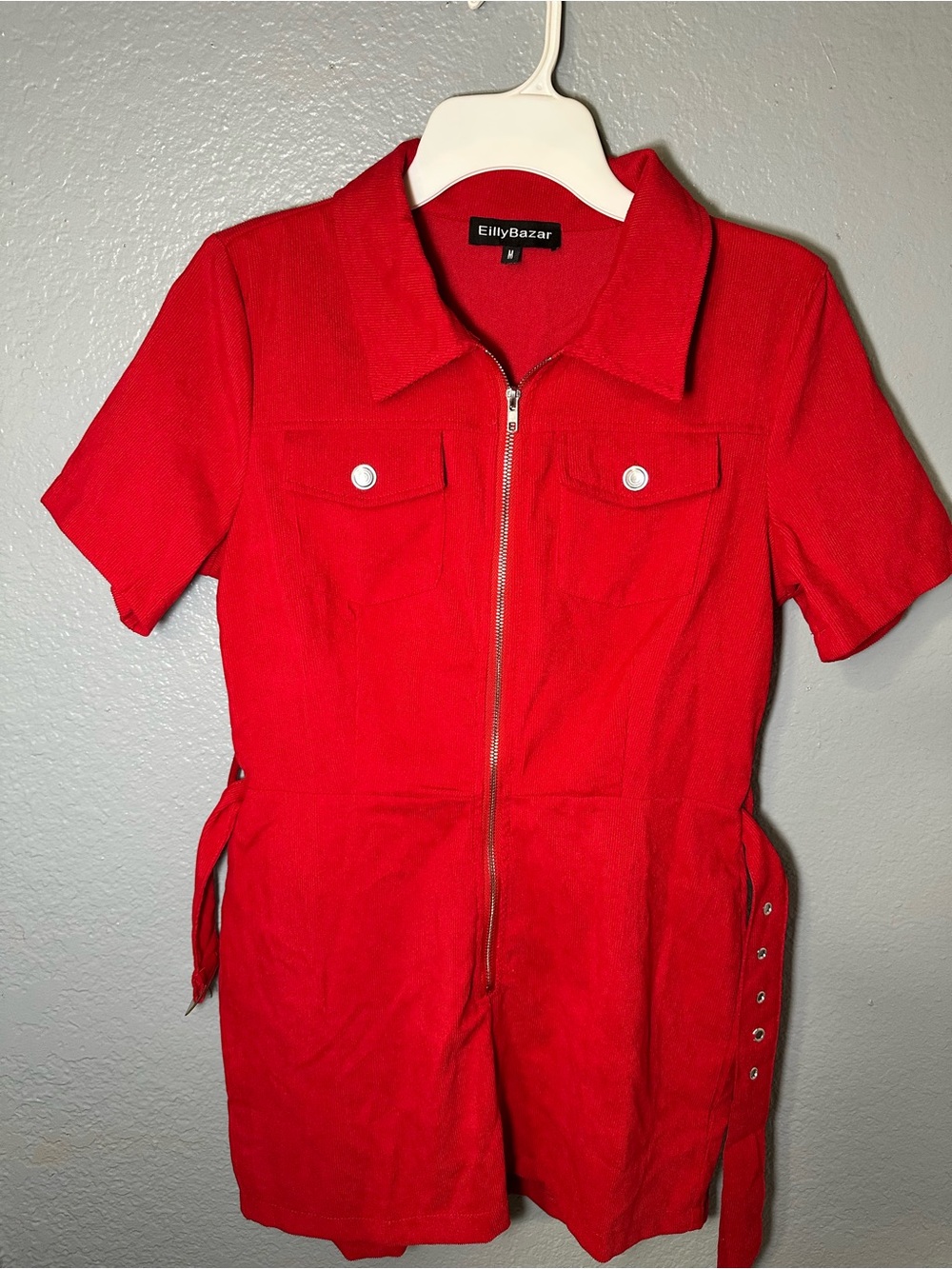 Eilly Bazar Red Short Sleeve Romper Jumpsuit with Front Zip